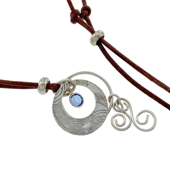 Vintage Silver Tone Blue Crystal Dangle Corded Necklace 15.5"-25.5" - Picture 2 of 4